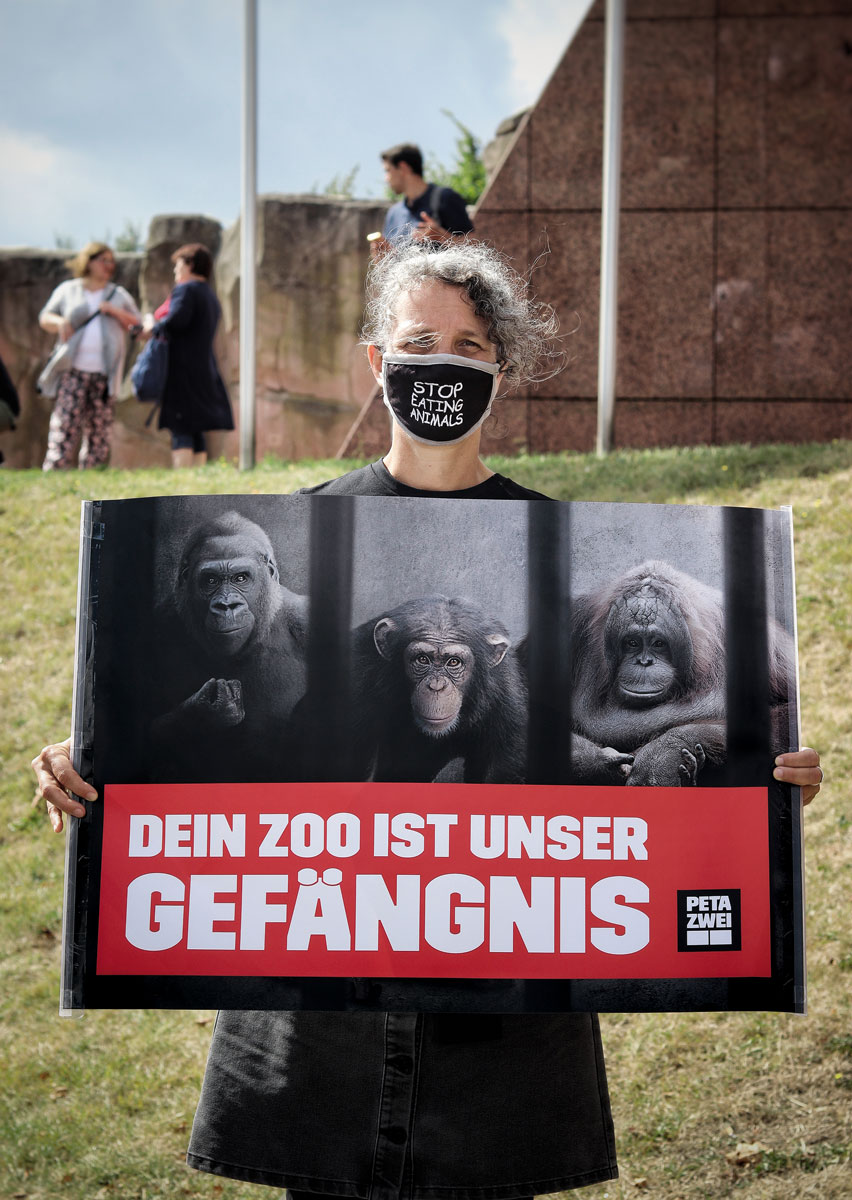 Aktivistin des PETA-Streetteams demonstriert gegen die Tierhaltung im Zoo