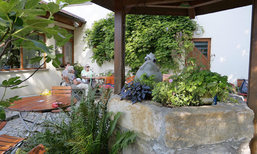 Der Frosch im Biergarten, von dem das Gasthaus aber nicht seinen Namen hat. Der Frosch im Biergarten, von dem das Gasthaus aber nicht seinen Namen hat.