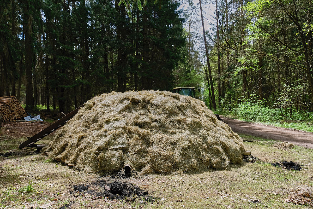 Das Heu sorgt dafür, daß die Erde nicht zwischen den Holzscheiten verschwindet.
