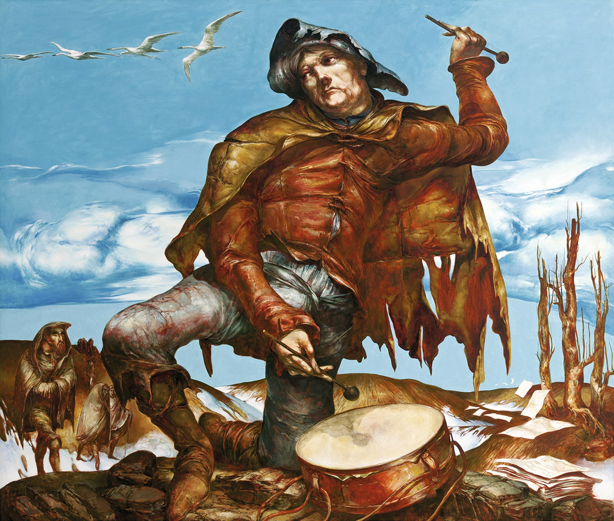 Heinz Zander, Trommler im Frühling (Bauernkriegszyklus), 1980, Öl auf Hartfaser, 165 × 195 cm, Mühlhäuser Museen