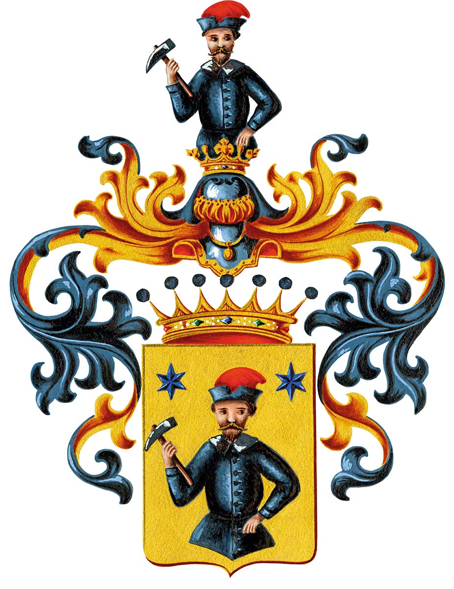 Anlässlich der Hochzeit von Ottilie und Alexander entwarf Tilly ein neues Wappen für die neu gegründete Familie von Faber-Castell, das die Wappenelemente beider Familien vereint.