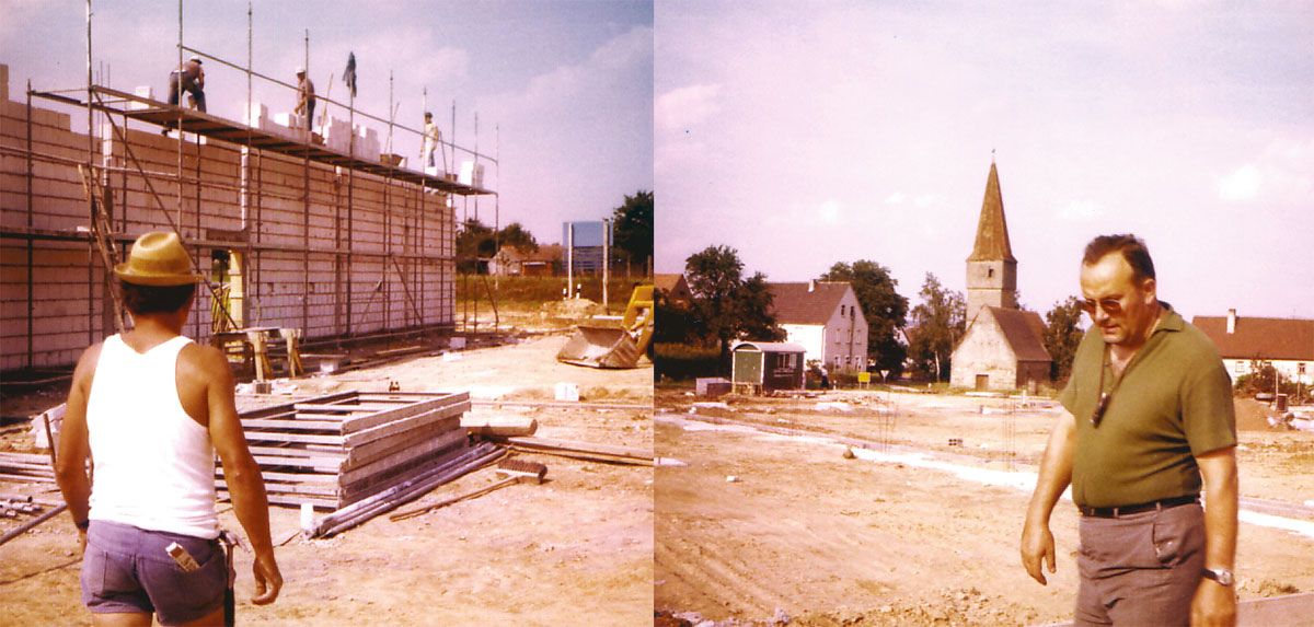 1978: Bau der ersten Halle in Ergersheim. Heinrich Lang (rechts) überwacht den Baufortschritt