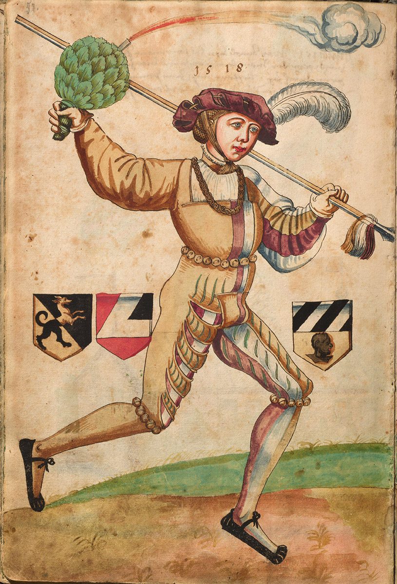 Schembartläufer von 1518, aus einem Schembartbuch aus der 2. Hälfte des 16. Jahrhunderts.