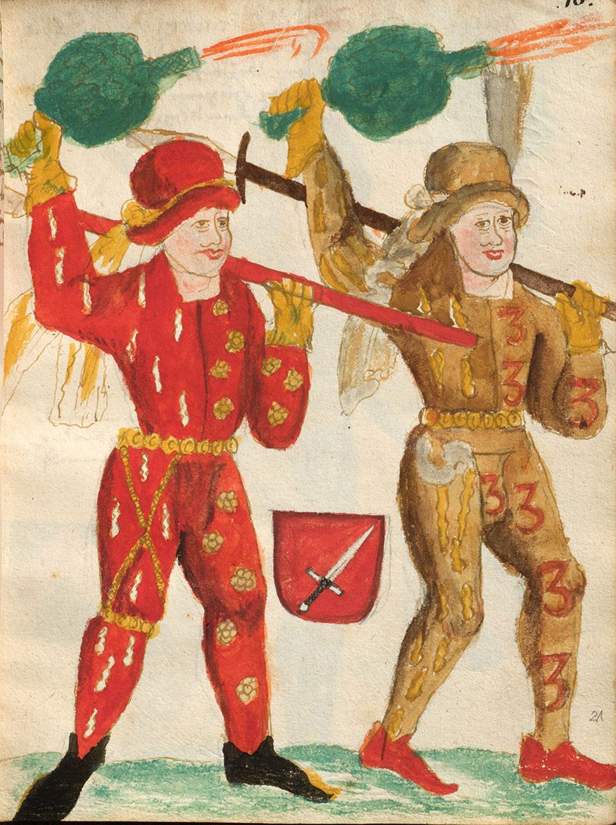 Zwei Schembartläufer wie sie um ca. 1500 kostümiert waren. Aus einem Schembartbuch, 2. Hälfte 16. Jahrhundert.