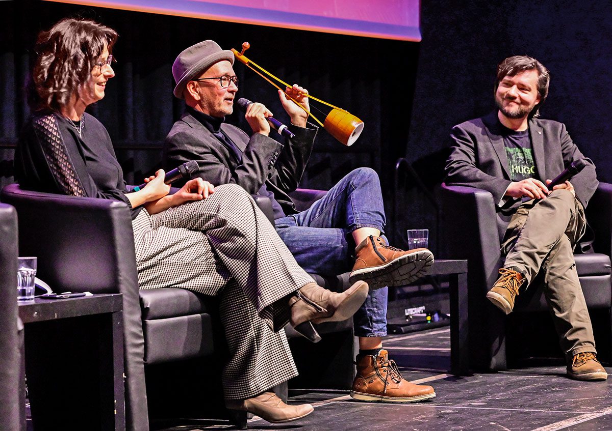 Dr. Annett Haberlah-Pohl, Bezirksheimatpflegerin Mfr., Martin Probst, Filmkomponist, Sebastian Schwittay, Filmkurator, Nbg., am Abschlussabend (vor den Winterkartoffelknödeln)