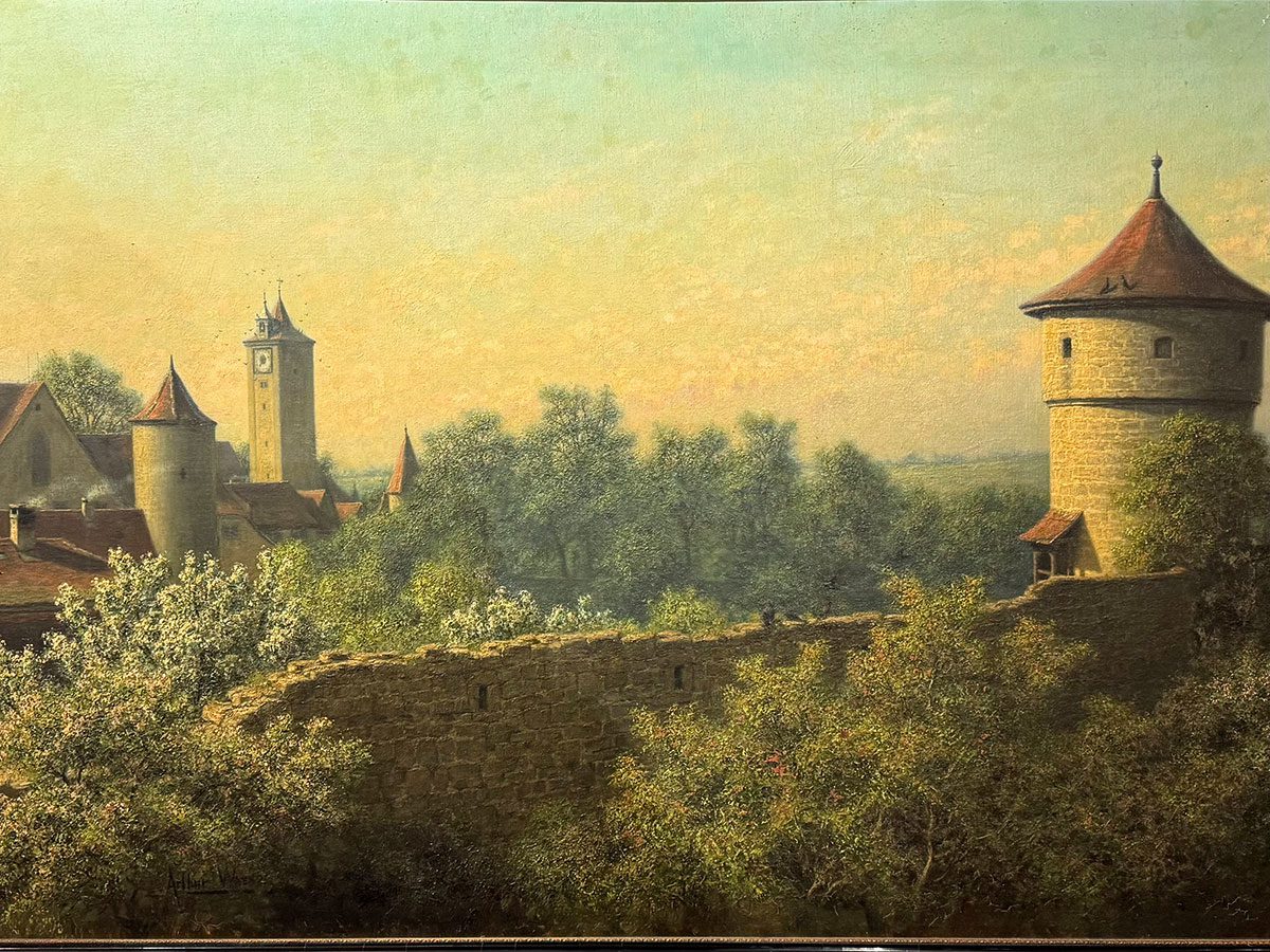 Arthur Wasses Gemälde mit einem Blick vom Strafturm über die Stadtlandschaft auf den Burgtorturm